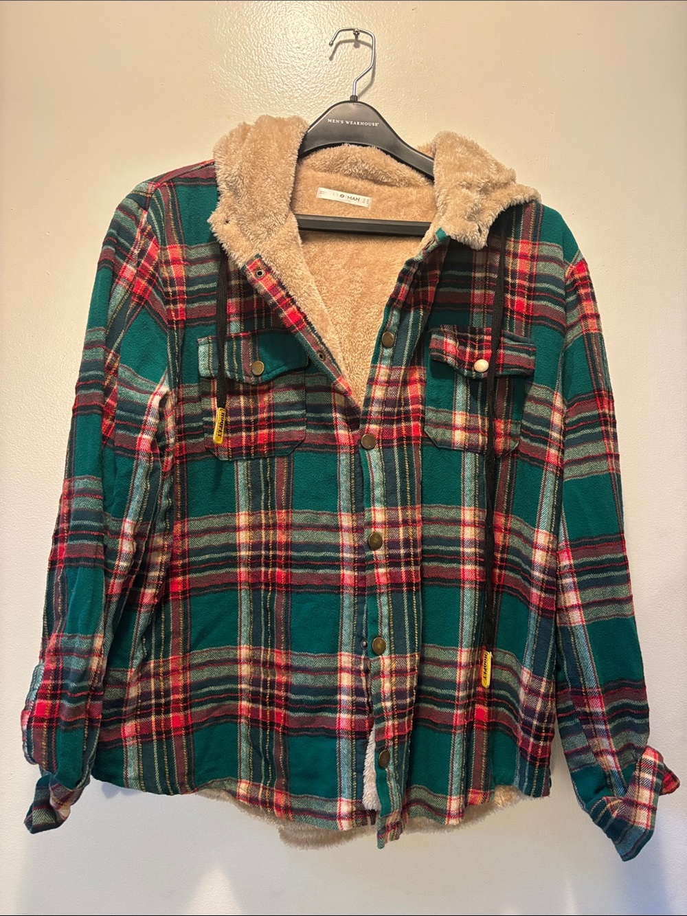 Plaid Sherpa-Lined Jacket Coat in Green and Red